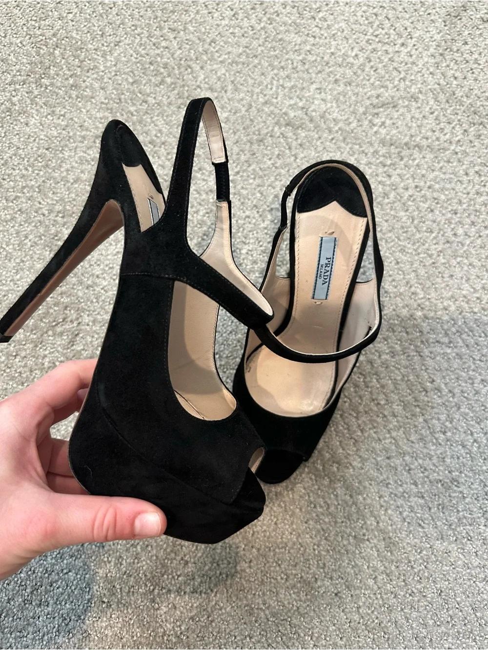 Prada Black Suede Platform Peep-Toe Slingbacks - Picture 4 of 7